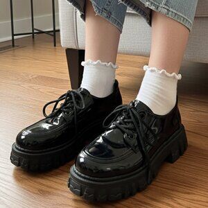 Black Patent Leather 4 Eye Lace Up Oxford Shoes Lug Soles Womens Size 39